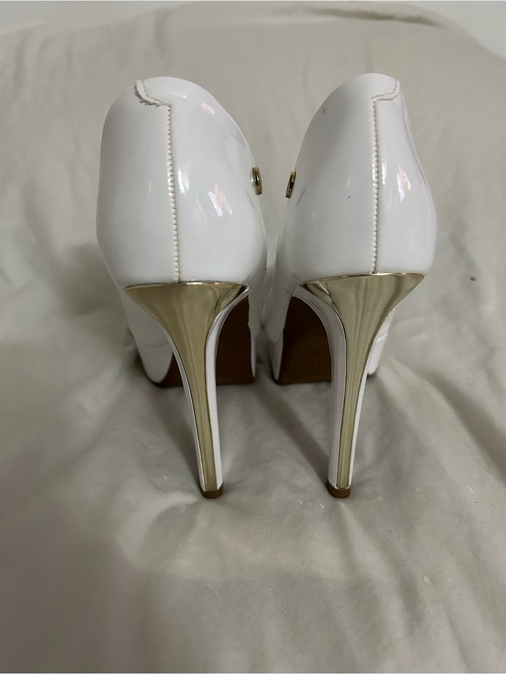 White Patent High Heel Pumps with Gold Stiletto
